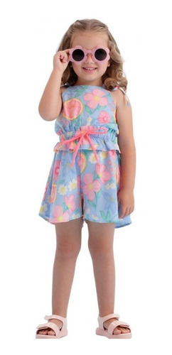 Imagem 2 de 3 de Macacão Infantil Azul Curto Mon Sucré Citrus Flower 21016