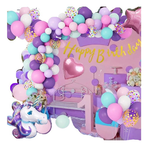 Decoracion Arco Globos Unicornio Cumpleaños Morado Rosado 