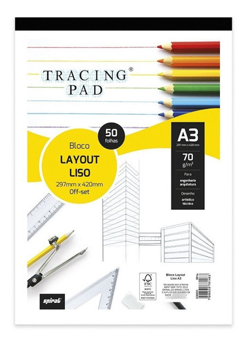 Bloco Lay-out Liso A3 70g 50 Fls Tracing Pad Spiral Pt 1 Un