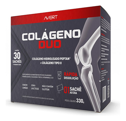 Colágeno Duo Hidrolisado Tipo Ii Sabor Limão Com 30 Sachês