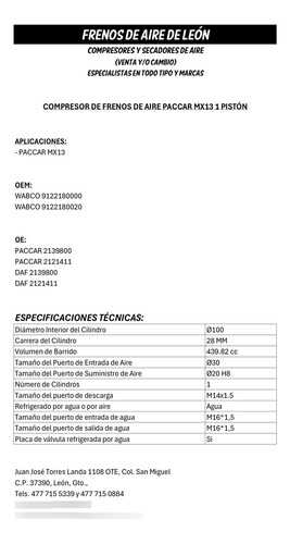 Compresor Frenos De Aire Paccar Mx13 1 Pistón