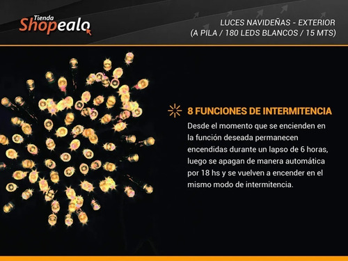 Imagen 5 de 9 de Luces Navidad Exterior A Pila 180 Led Cálido 15 Mts + Cta-*