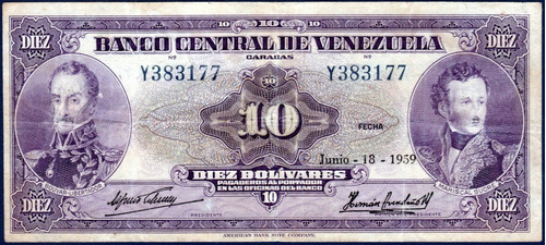 Billete 10 Bolívares Y6 Junio 18 1959 Bolívar Y Sucre