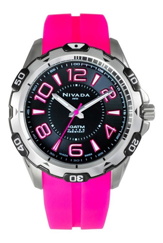 Reloj Nivada Sportman Unisex, Caucho Rosa, Arábigos Correa Rosa Bisel Plateado Fondo Negro