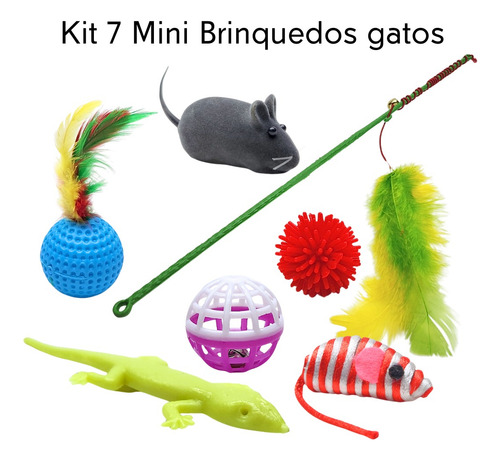 Kit 7 Brinquedos Gatos Interativos Varinha Bolinhas Ratinhos Cor Cores Variadas A