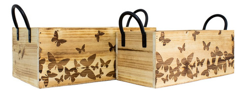 Set 2 Macetas Decorativas De Madera Diseño Mariposas Med.