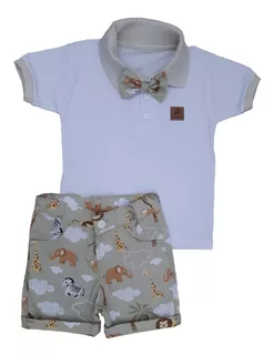 Conjunto Safari Menino Camisa Polo Infantil Gravatinha Bebê 