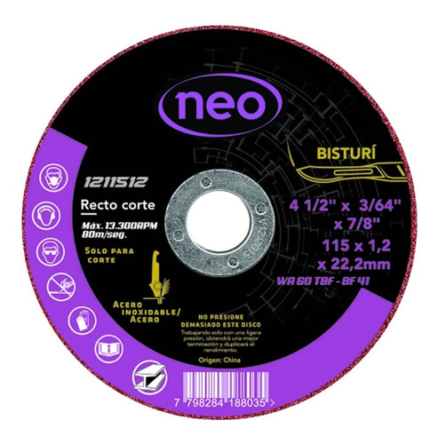 Disco De Corte 4-1/2  X 1.2mm. Metal/inox. (25 Uds.)  Neo 