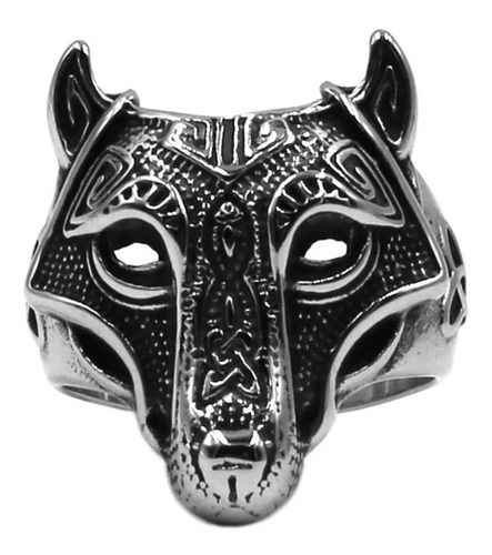Anel Viking Lobo Em Aço Inoxidável Nórdico Prata Vintage