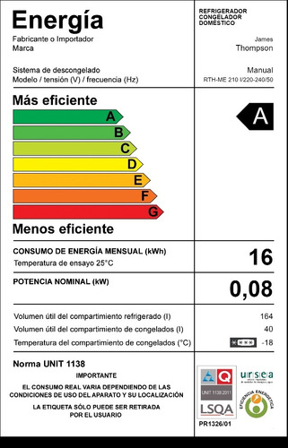 Heladera James Inox Línea Thompson Con Freezer. Categoría A
