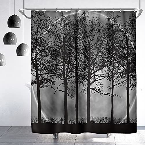 Riyidecor Fabric Black Forest Shower Curtain Set For Bathroo