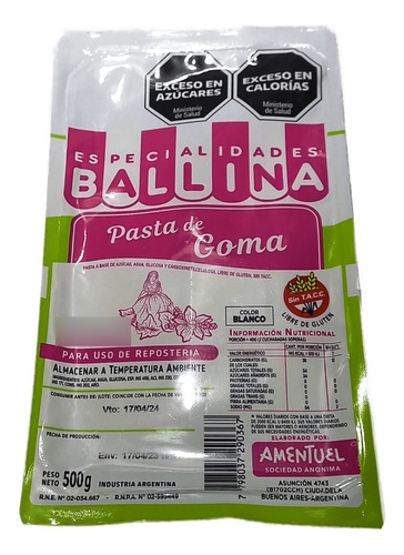 Pasta De Goma, Especialidades Ballina  1 X 500gs 