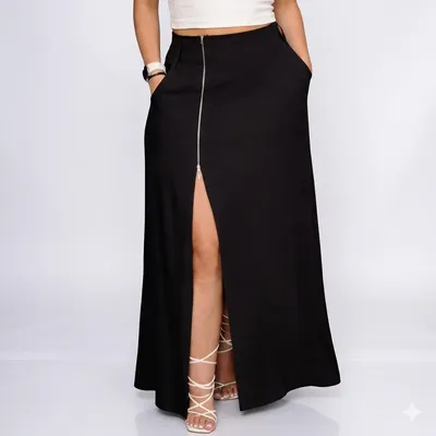 Saia Longa Feminina Ziper Frontal Alfaiataria Gode P081 Preto P 36-38