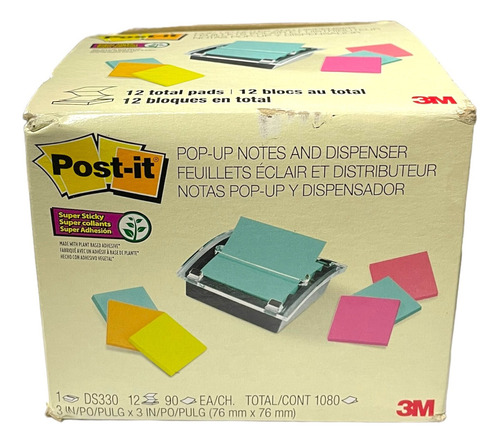 Dispensador Notas Adhesivas 3m Post It 3x3 + 12x Pads Neon Color Dispensador + 12 Pads Colores Mixtos