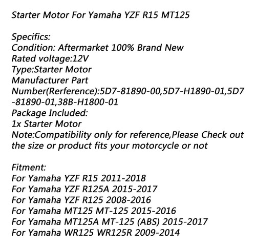 Motor Arranque Para Yamaha Mt125 Mt-125 Yzf R15 R125 Wr125