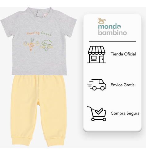 Conjunto Pantalón Y Playera Con Gorro De Bebé Mondo Bambino Gris - Amarillo 12 M
