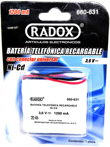 Bateria Recargable Para Telefono Casa 3.6 V 1200 Mah Nicd Radox Modelo 660-631