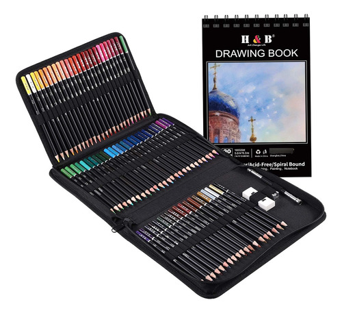 H & B Kit De Dibujo De 76 Lápices De Colores Y Cuaderno De