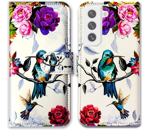 Funda Para Galaxy S21 Cuero Tapa Billetera Blanca Pajaros