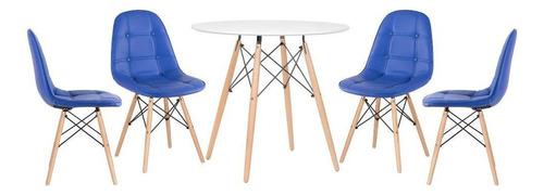 Kit Jantar Eames Wood Mesa 80 Cm 4 Cadeiras Estofada Botone Tampa Mesa branco com cadeiras azul