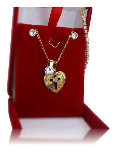 Imagem 3 de 8 de Colar E Brinco Pulseira Coração Ouro 18k Presente C/garantia