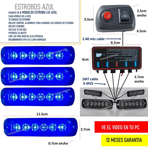 4 Barras Led Estrobo Azul Con Control Y Modulo Inteligente