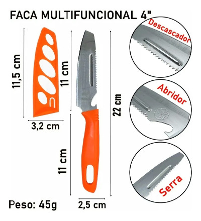 Faca Multiuso 4 Funções Cabo Colorido Inox 22cm Home&more