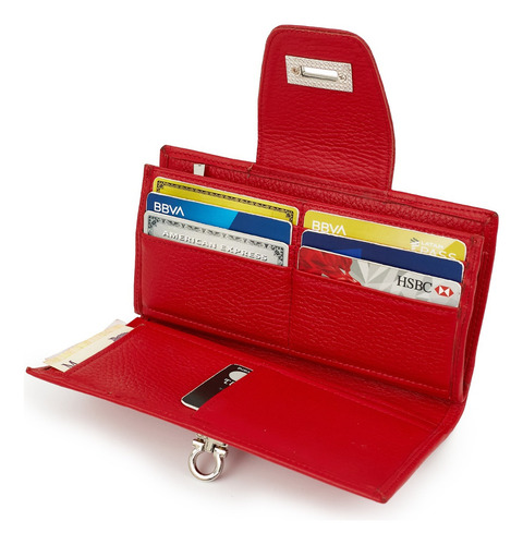 Billetera Mujer Cuero Monedero Tarjetero Briganti Hebilla Color Rojo