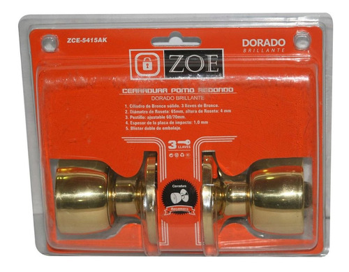 Cerradura Pomo Redondo Metalico Tubular Dorado Brillante