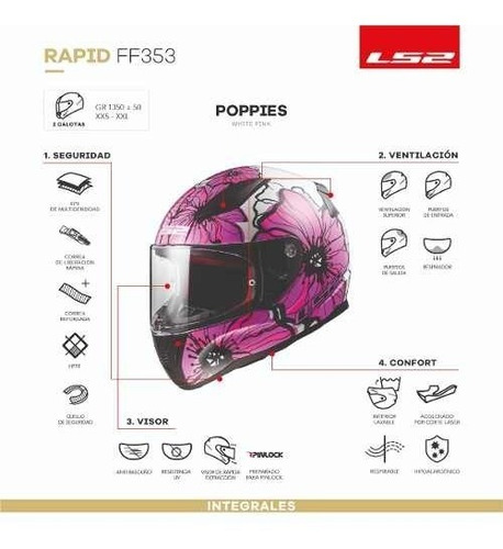 Imagen 6 de 9 de Casco Moto Mujer Ls2 353 Rapid Poppies Rosa Pr