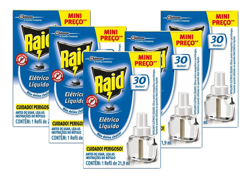 Kit 5 Refil Repelente Raid Eletrico Mata Mosquito 30 Noite