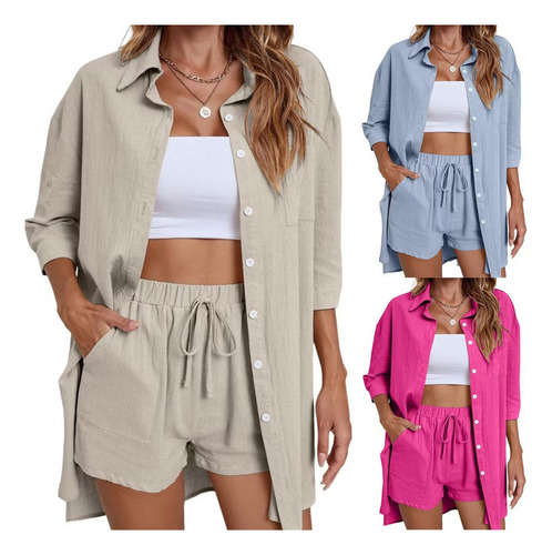 Pantalones Cortos Conjunto Camisa Moda Casual Playa Mujernew