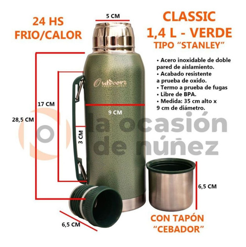 Imagen 2 de 8 de Termo 1,4l Outdoorz Pico Cebador 24hs Frio Calor Kit + 2mate