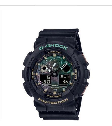 Cor da pulseira de relógio Casio G-shock GA-100RC-1ADR: cor preta, moldura, cor de fundo preta, verde, cobre