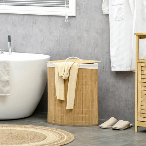 Cesto De Bambu Casa Laura Enxovais Triangular Ecológico Forrado Roupas Sujas Banheiro E Lavanderia Bege