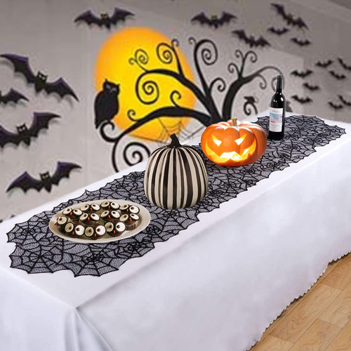 Camino De Mesa Halloween 20x80 Cm Telaraña Negra De Encaje