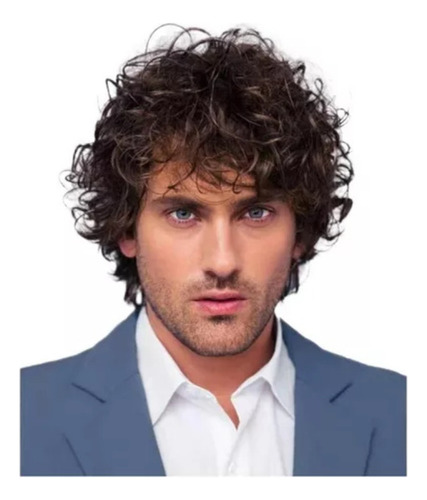 ( Cabelo Cacheado Masculino, Peruca Marrom Escuro