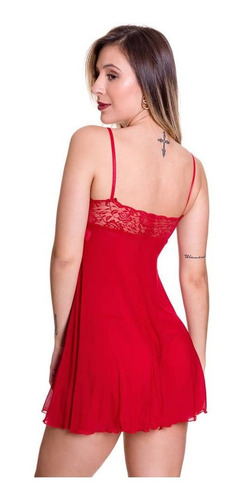 Imagem 2 de 6 de Camisola Vermelha Transparente Em Tule E Renda - Gl271