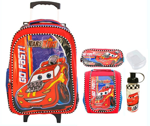 Mochila Rodinhas Carros Mcqueen Escolar + Kit Escolar Faber