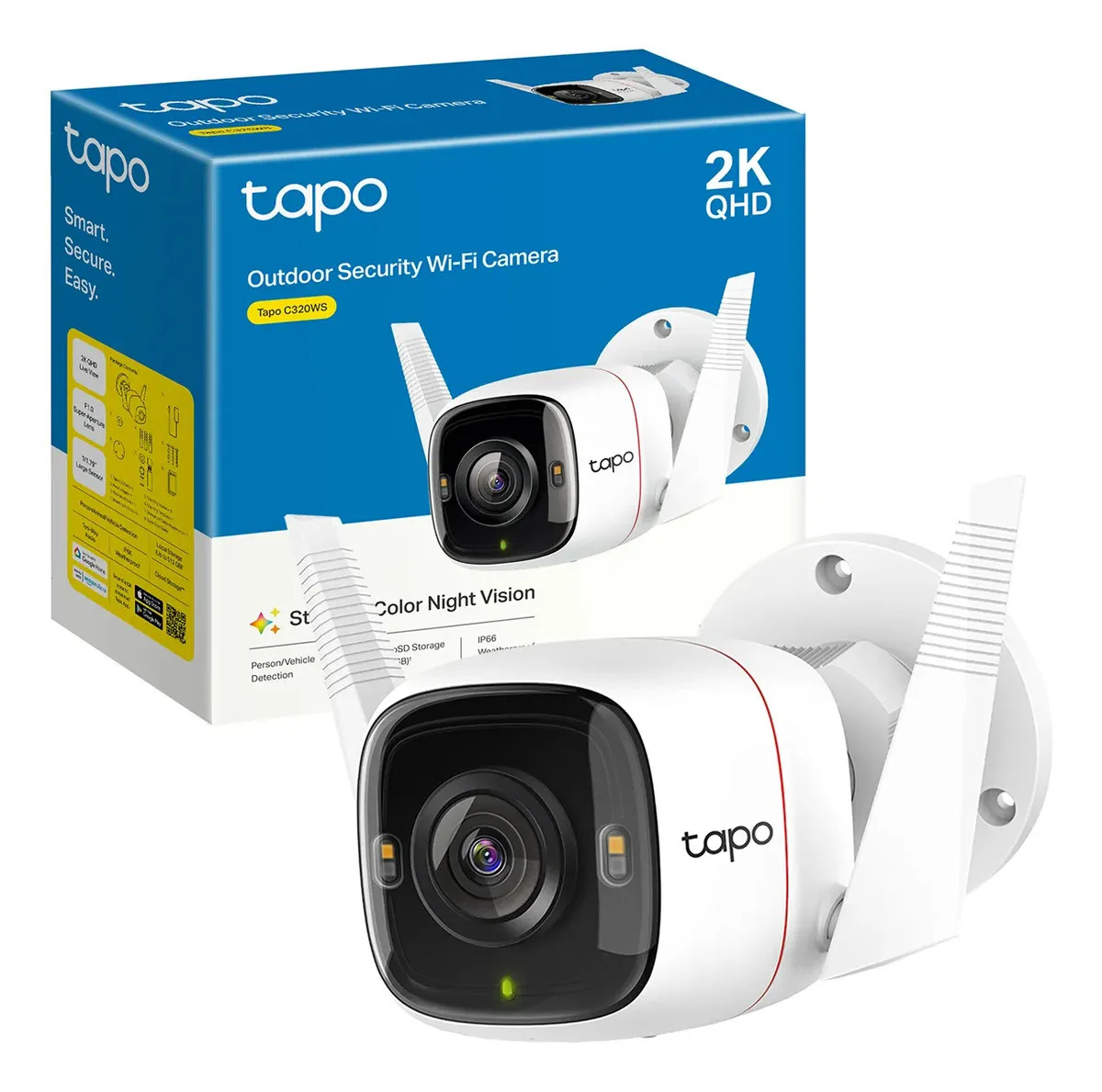 TP-Link Tapo C320WS Cámara de Seguridad WiFi Exterior - Resolución 2K - Cobertura 360° - Visión Nocturna a Color - Detección de Movimiento - Alarma de Luz y Sonido - 512GB - App Ta