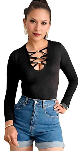 Blusa De Moda Manga Larga Escote V Tiras 