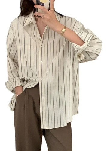 Camisa De Manga Larga Con Botones A Rayas Para Mujer