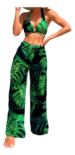 Traje De Baño Bikini 3 Pzas C/ Pantalones Estampado Tropical