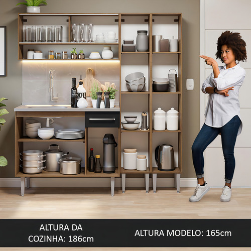 Armário Cozinha Compacta 169cm Com Pia Emilly Madesa Rp 14 Cor Rustic/Preto