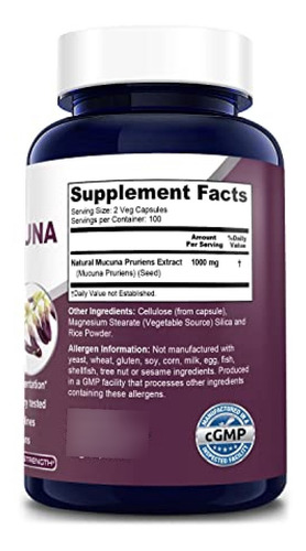 Imagen 2 de 8 de Mucuna Pruriens 1000 Mg 200 Cápsulas Vegetales