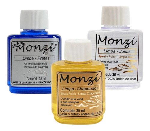 Kit Monzi Limpa Prata, Limpa Folheado, Limpa Ouro 35 Ml Cada