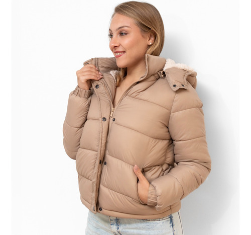 Campera Puffer Inflable Mujer Corderito Capucha Desmontable