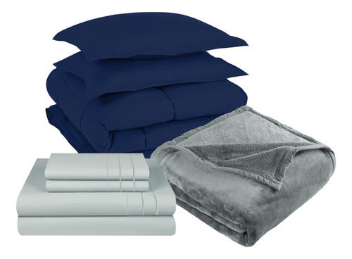 Pack Cobertor Azul+sabana+frazada Gris King 3 Piezas 3angeli
