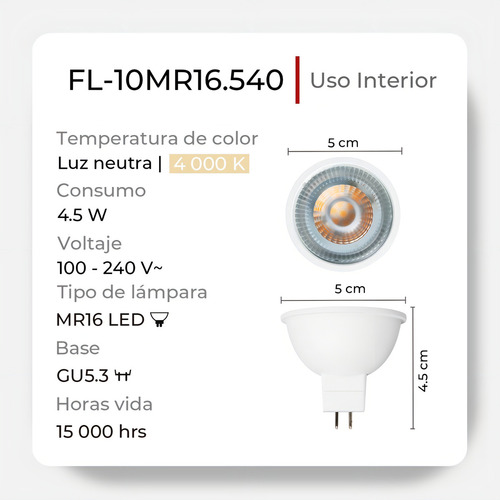 Foco led Illux FL-10MR16 Dicroica color calida 3000k 4.5W 127V 3000K 350lm