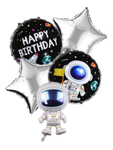 Set Globos Metalizados Happy Birthday Astronauta Espacial